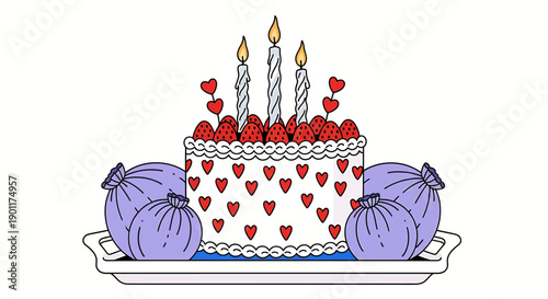 Birthday cake with strawberries and candles on a baking tray with purple bags