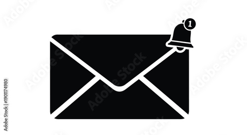 Black envelope icon with a notification bell indicating new messages or alerts