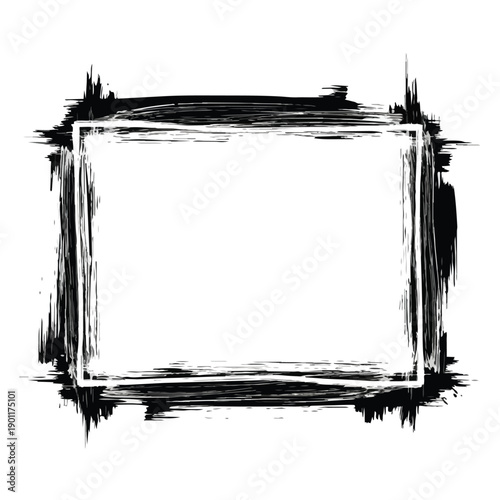 Abstract grunge textured rectangular frame with rough black brush strokes and splatters on a white background conveying a raw artistic and distressed aesthetic for creative design