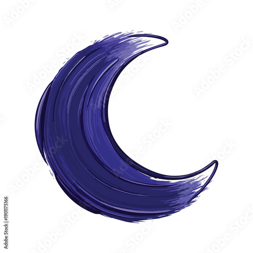 Artistic abstract crescent moon painted with thick textured strokes of vibrant deep indigo and violet hues creating a bold graphic symbol of night dreams and celestial wonder