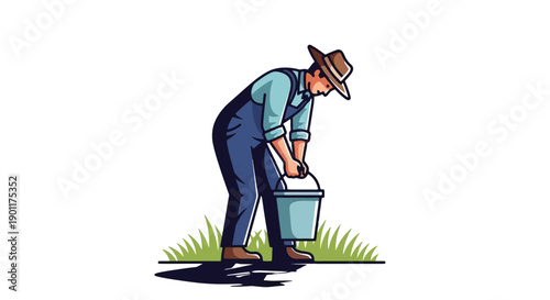 A farmer in overalls and a hat bending down to lift a metal bucket from the ground in a simple illustration.
