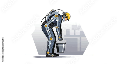 A farmer in overalls and a hat bending down to lift a metal bucket from the ground in a simple illustration.
