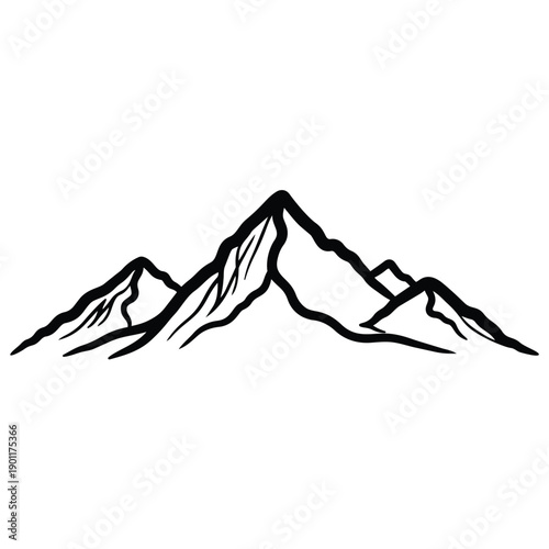 Majestic mountain range silhouette against a clean white background rendered in a bold artistic black outline style evoking a sense of adventure nature's grandeur and exploration