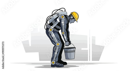 A farmer in overalls and a hat bending down to lift a metal bucket from the ground in a simple illustration.