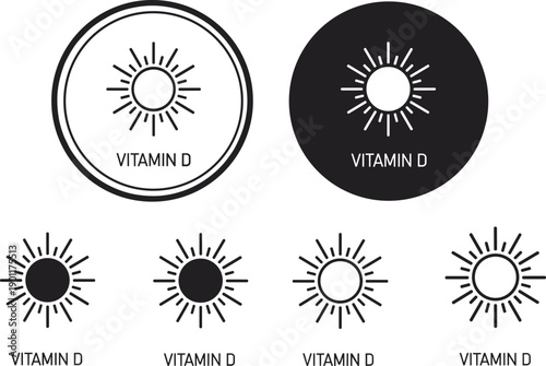 Vitamin D sun icons illustration set, health nutrition symbols, minimal black and white vector design for supplements, wellness branding, medical infographics use