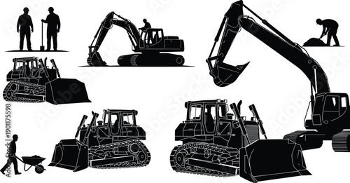 Black silhouette set of construction machinery with excavators bulldozers and workers operating equipment for industrial earthmoving and building site projects