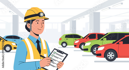 professional parking lot inspector reviewing vehicles with a clipboard in an underground garage
