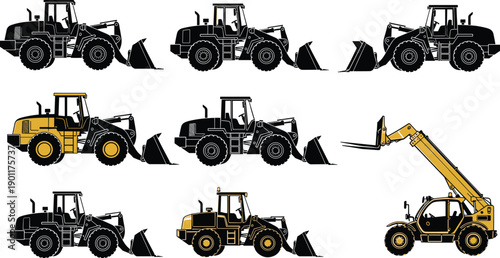 Heavy Construction Equipment Vector Set Featuring Wheel Loaders and Telescopic Handler Illustrations in Black and Yellow Industrial Machinery Design Styles