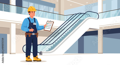 construction safety inspector with clipboard assessing escalator installation in modern shopping mall with bright lighting and