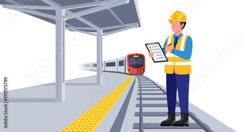 modern railway station with construction worker inspecting railway infrastructure safety and development progress at urban