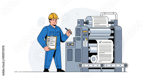 industrial printing process technician overseeing high-volume digital printing machines for quality control and process