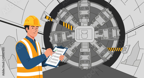 engineer inspecting a high-tech underground tunnel with advanced safety measures and complex machinery for construction or