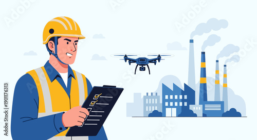factory safety inspection conducted by a worker with drone surveillance and industrial plants in background