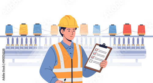 industrial worker inspecting colorful spools of thread on production line with checklist in hand