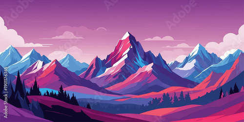 Snowy mountain peak at sunrise and sunset with a panoramic winter landscape view of high alpine glaciers and clouds over the forest hills