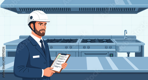 Confident Engineer Inspecting Kitchen Equipment in Commercial Kitchen