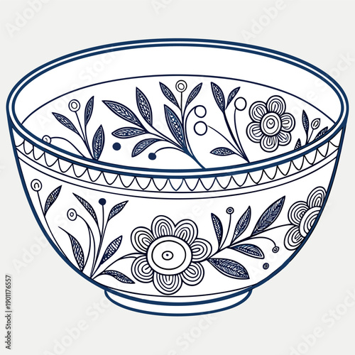 Minimal hand-drawn ceramic bowl with blue floral patterns,
