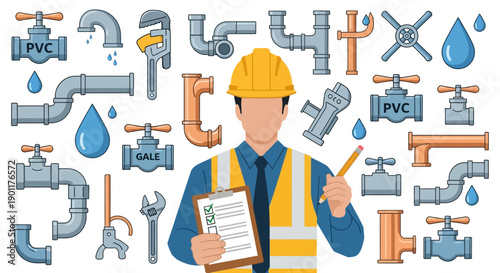 Industrial Plumbing Technician Inspecting Pipes and Valves