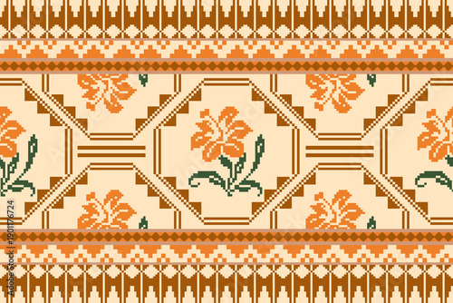Seamless geometric pattern . pixel pattern. Design for clothing fabric textile ornamentation embroidery Hand stitched pattern . cultural stitching pixel art , Cross stitch pattern