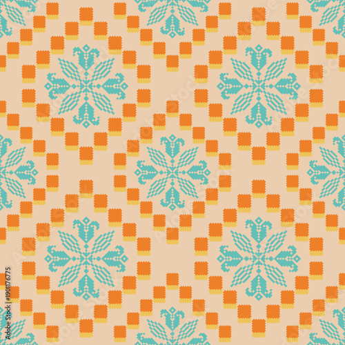 Seamless geometric pattern . pixel pattern. Design for clothing fabric textile ornamentation embroidery Hand stitched pattern . cultural stitching pixel art , Cross stitch pattern