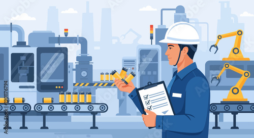 Manufacturing Worker Inspecting Bottles in Automated Factory