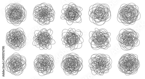 A collection of fifteen abstract, hand-drawn scribbles, presented in a grid formation against a white background.