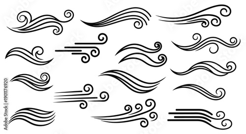 A collection of stylized, flowing lines and swirls representing wind or air currents, presented in a black and white graphic design.