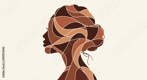 Abstract profile of a woman's head and shoulders composed of various shades of brown, representing diverse skin tones.
