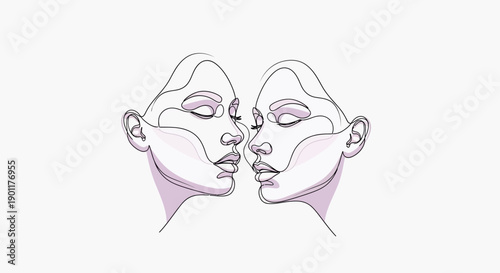 Minimalist line art illustration of two faces in profile, touching noses, with closed eyes.