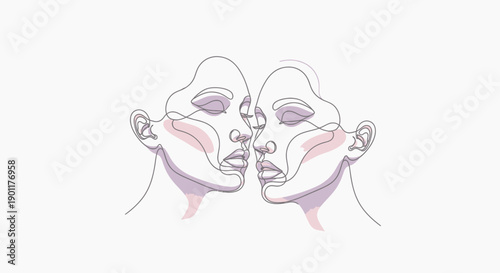 Minimalist line art illustration of two faces in profile, with soft pastel blush accents on the cheeks and eyelids.