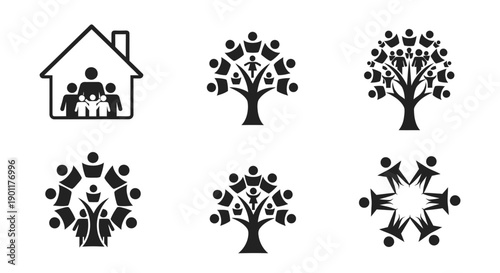 Collection of six black and white icons representing family, community, and growth, including a house with people, and various tree-like structures formed by human figures.