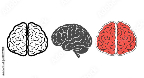 Three stylized illustrations of the human brain, one in black and white outline, one in solid black, and one in red and white.