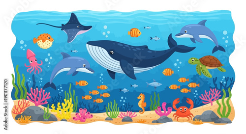 A vibrant underwater scene teeming with diverse marine life, including whales, dolphins, turtles, and colorful coral reefs.