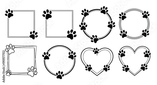 A collection of decorative frames featuring paw prints, including square, circular, and heart shapes, suitable for pet-themed designs.