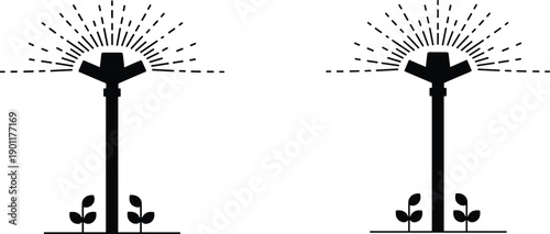 Agriculture, irrigation, sprinkler, system, water, spray, farming, crop, watering, garden, plant, growth, sustainable, technology, equipment, outdoor, silhouette, icon, flat, vector