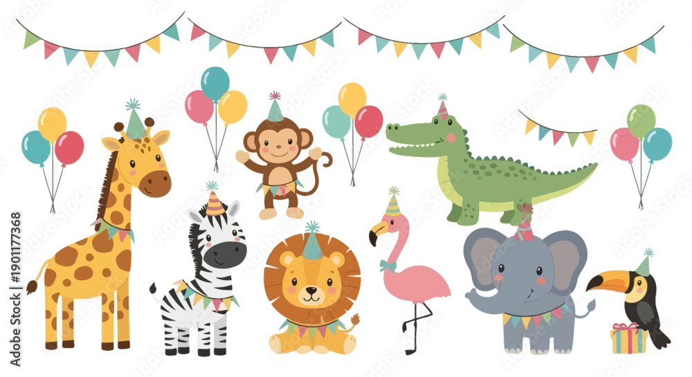 Fototapeta premium A vibrant and colorful illustration of various jungle animals celebrating a party with balloons and party hats.