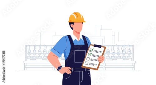 Construction Worker Wearing Helmet and Holding Checklist