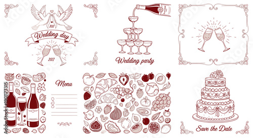 A collection of hand-drawn illustrations related to weddings, including doves, champagne towers, wedding cakes, and various food items.