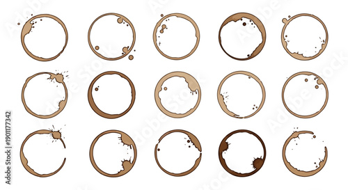 A collection of 15 circular coffee cup stains with varying shades of brown and splash patterns.