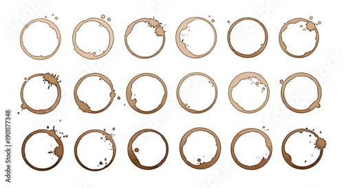 A collection of coffee cup rings and stains on a white background, presented in a grid.