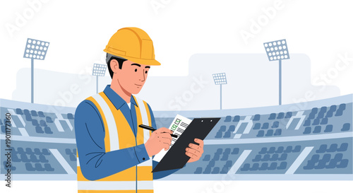 Construction Worker Taking Notes at Stadium