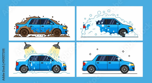 Four-panel illustration showing the process of washing a dirty blue car, from muddy to sparkling clean.