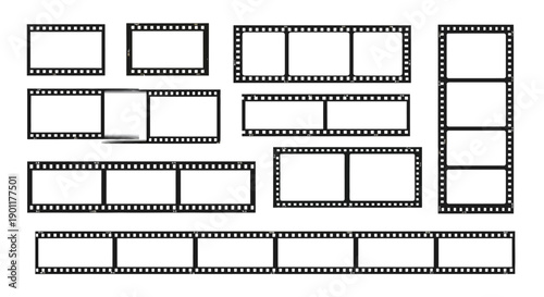 A collection of various film strips with blank frames, showcasing different lengths and orientations.