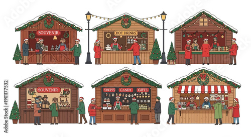 Illustration of a charming outdoor Christmas market with six wooden stalls selling various goods, decorated with festive wreaths and lights, and people browsing in the snow.