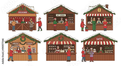 Illustration of six charming wooden market stalls decorated for Christmas, selling souvenirs, hot drinks, and gifts.