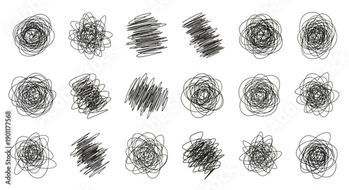A collection of hand-drawn scribbled and tangled line art elements, presented in a grid layout.