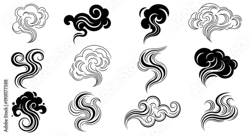 Stylized black and white smoke or cloud patterns in a traditional Asian art style.