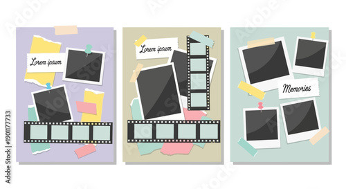 Three vintage scrapbook layouts with instant photo frames, film strips, torn paper, and tape, evoking memories and nostalgia.