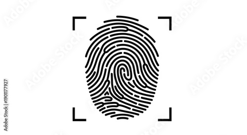 A black fingerprint icon with a scanning frame, symbolizing biometric security and personal identification.