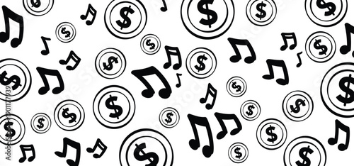Music note and money. dollar coins. Walpaper for cha-ching, ka-ching or ker-ching. Banknotes, banking finance investment. Music notes wave. Music price, cash concept.